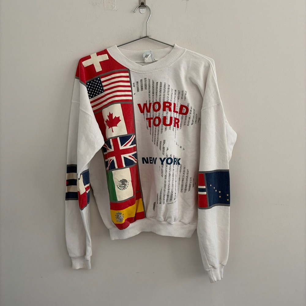 Vintage Caribe Sportswear World Tour New York Flags Sweatshirt White Medium